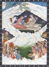 An illustration of the Hindu significance of Mount Kailash, depicting the holy family of Shiva, consisting of Shiva, Parvati, Ganesha and Muruga (Kartikeya)